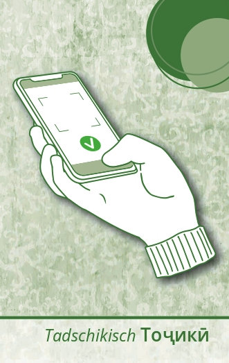 7947630_1Ix1Qx0y7nMePY QR-Code Kärtchen ""Prüft alles"", Tadschikisch, 10er Pack""